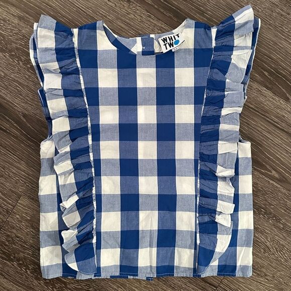 Whit Two Blue White Gingham Plaid Cascade Ruffle Top - Picture 1 of 6